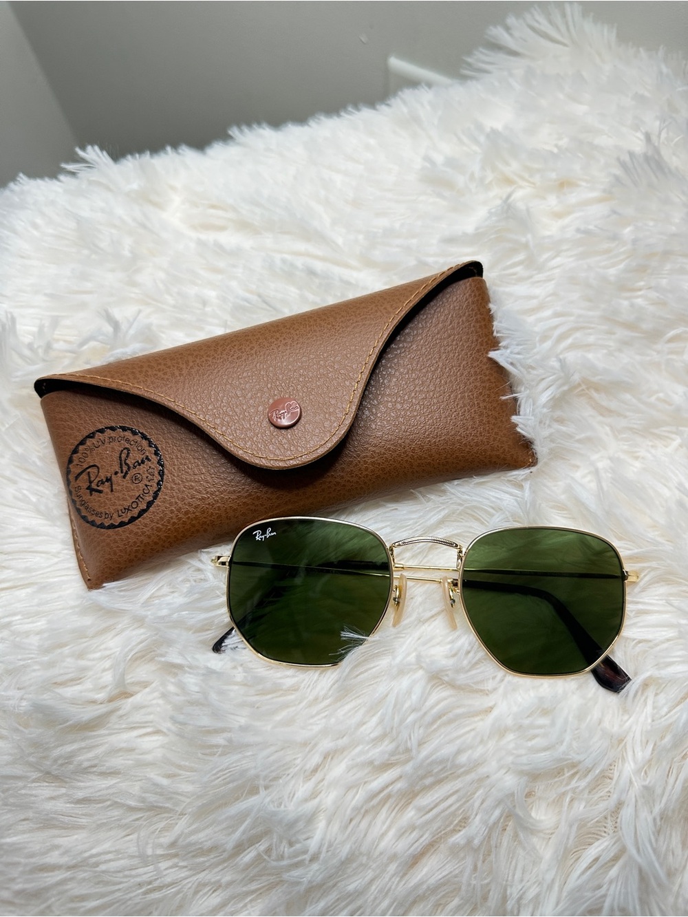 Ray-Ban Gold Frame Sunglasses with Green Lenses Hexagon 3548 Brand New Case Box